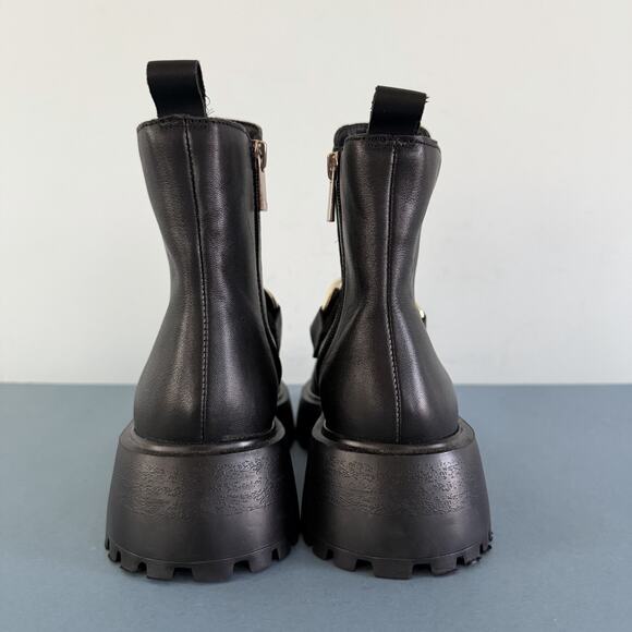 Steve Madden Cleo Black Leather Chunky Lug Sole Curb Chain Ankle Boots - Picture 7 of 10